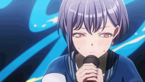 a girl holding a microphone with a blue background