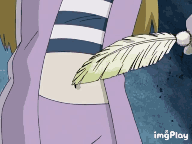 a girl in a striped shirt is holding a feather behind her back and the word imgplay is on the bottom