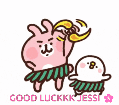 a cartoon of a bunny and a seal with the words good luckkkk jessi