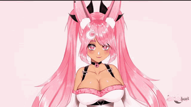 a cartoon girl with pink hair and a crescent moon on her head says mwah-!
