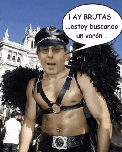a man in a leather outfit has a speech bubble that says i ay brutas