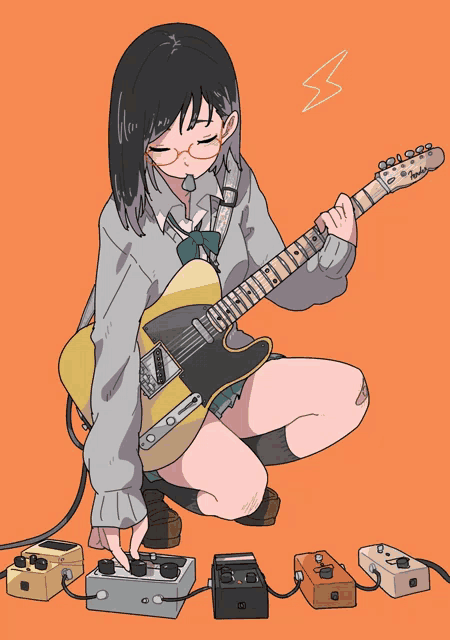 a girl playing a guitar with a lightning bolt behind her