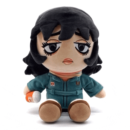 a stuffed doll with a sad look on her face is holding a bottle