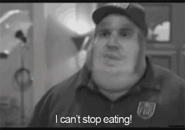a black and white photo of a man in a hat saying `` i can 't stop eating ''