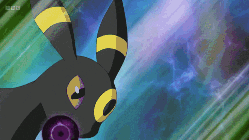 a cartoon of a black rabbit with yellow ears and a purple eye