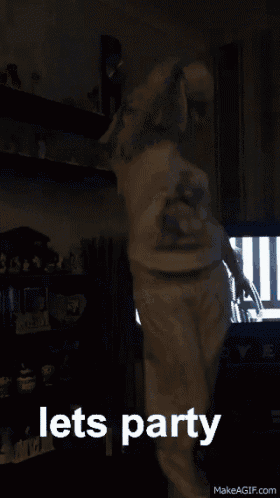 a woman is dancing in front of a television with the words lets party written in white