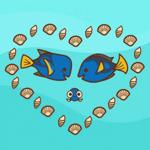 a cartoon drawing of two fish and shells in a heart shape