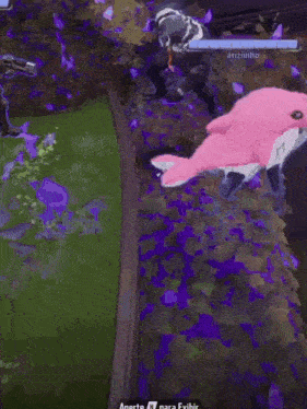 a video game screen shows a pink dolphin and a white shark