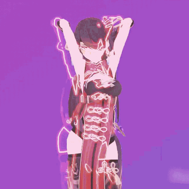 a girl in a red dress is holding a sword in front of a purple background
