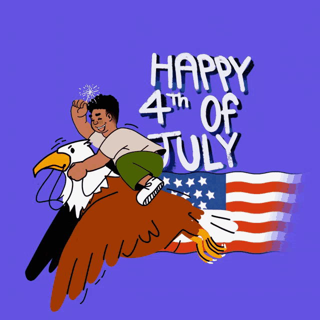 a cartoon of a boy riding an eagle with the words happy 4th of july in the background