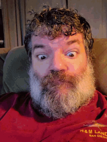 a man with a beard is wearing a red shirt that says ham land