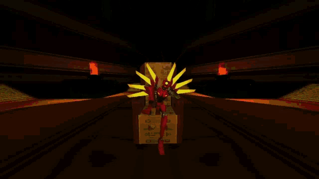 a computer generated image of a red robot with yellow wings in a hallway