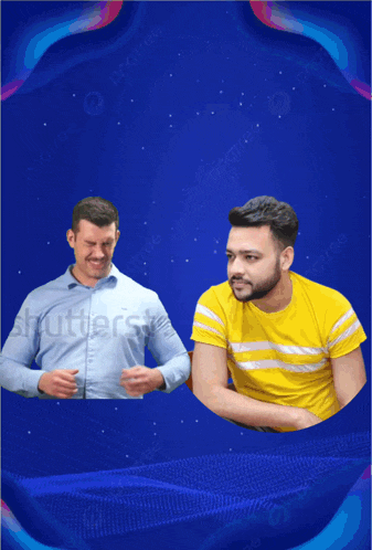 a man in a blue shirt and a man in a yellow shirt are on a blue background