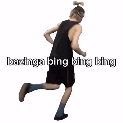 a man running with the words bazinga bing bing bing written on the bottom