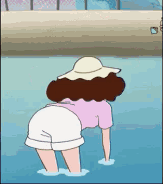 a cartoon woman is bending over in the water wearing a hat .