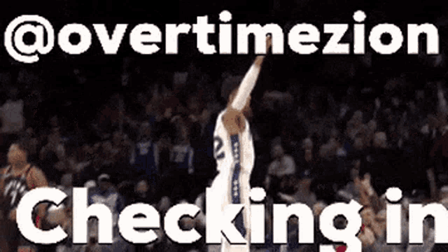a basketball player is jumping in the air in front of a crowd and the words checking in