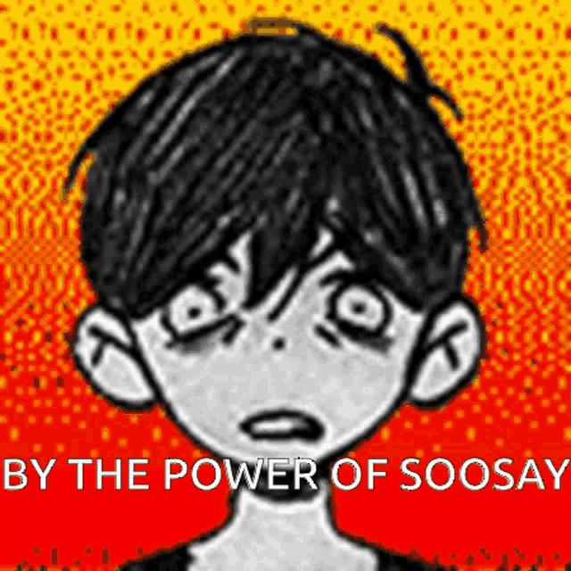 a black and white drawing of a boy with the words by the power of soosay