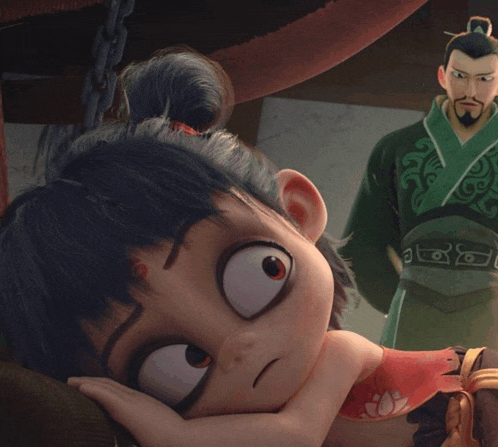 a man in a green robe stands behind a cartoon girl