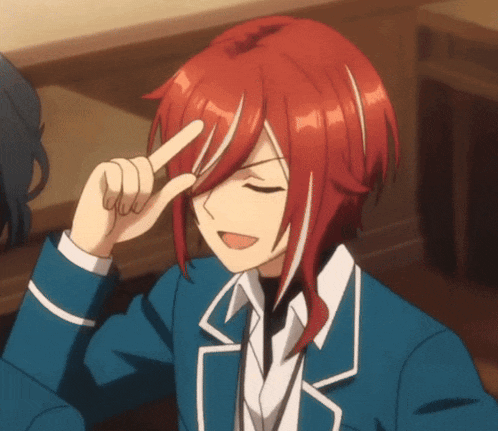 a cartoon character with red hair and a blue jacket is giving a peace sign