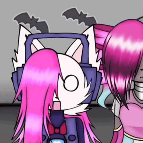 a cartoon drawing of a girl with pink hair wearing headphones
