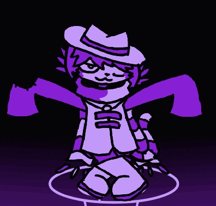 a cartoon character is wearing a white hat and purple scarf .