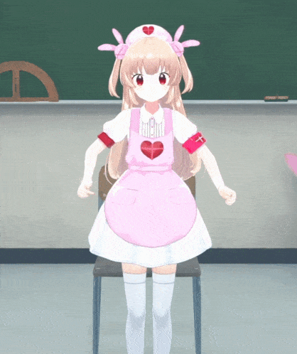 a girl in a pink apron with a heart on it is sitting on a chair