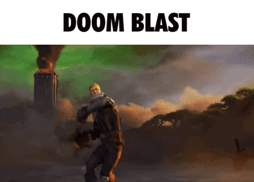 a cartoon of a man holding a gun with the words doom blast written above him