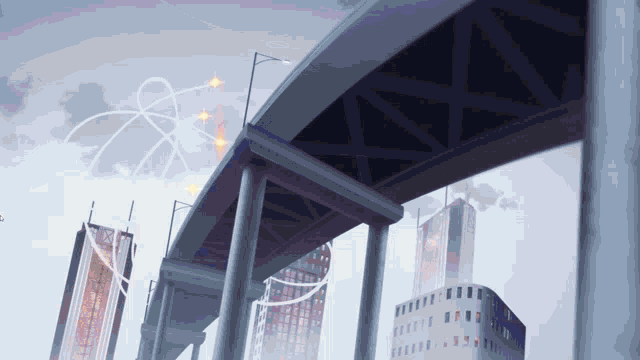 a computer generated image of a bridge with a few buildings in the background