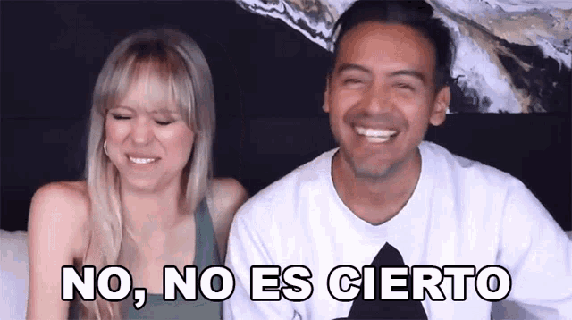 a man and a woman are sitting next to each other with the words no no es cierto written on the bottom