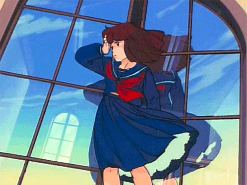 a girl in a school uniform is standing in front of a window