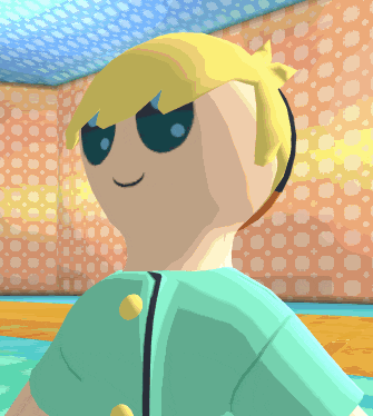 a cartoon character with blonde hair and blue eyes