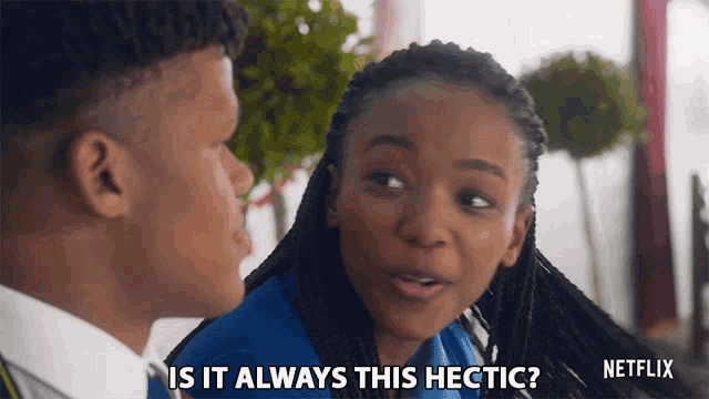 a man and a woman are talking and the woman says " is it always this hectic ? "