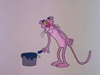 a cartoon pink panther is standing next to a bucket of paint