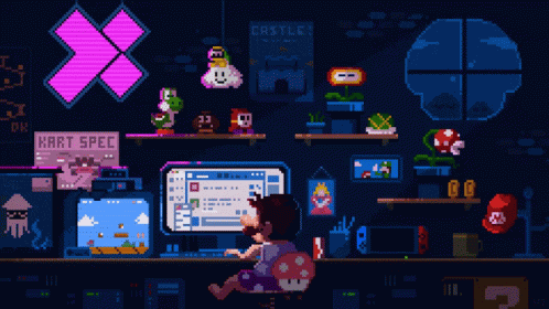 a pixel art of mario sitting at a desk with a kart spec sign above him