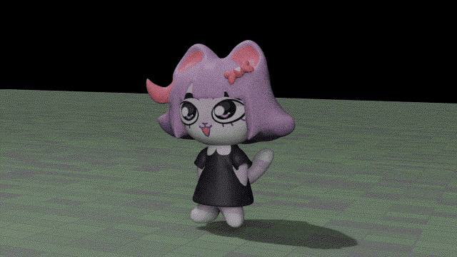 a cartoon character with purple hair and horns is standing on a green surface