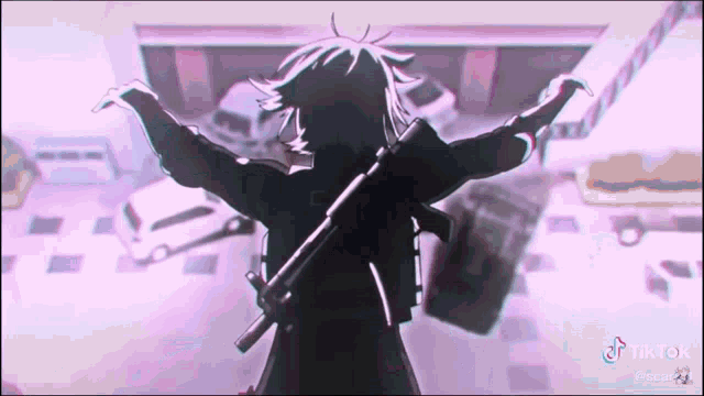 a silhouette of a person holding a gun in a room .