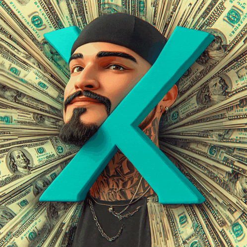 a man with a beard is surrounded by hundred dollar bills and a blue x