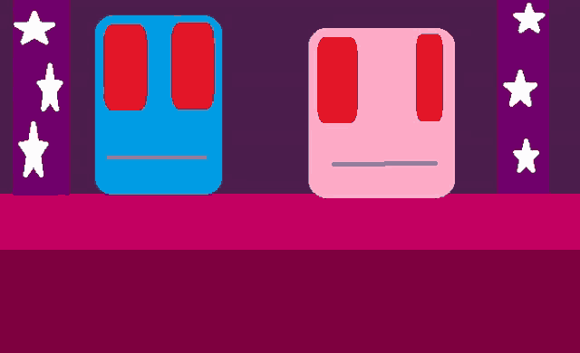 a blue and a pink cartoon character standing next to each other on a stage