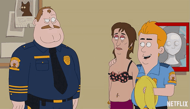 a cartoon of two police officers and a woman with a netflix logo