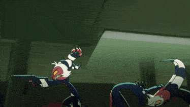 a cartoon character is holding a gun and kicking another cartoon character