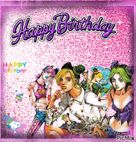 a happy birthday card with a group of anime girls