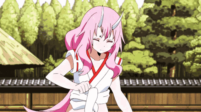 a cartoon girl with pink hair and horns