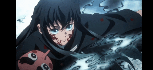 a cartoon character with long black hair and blue eyes is holding a red cat