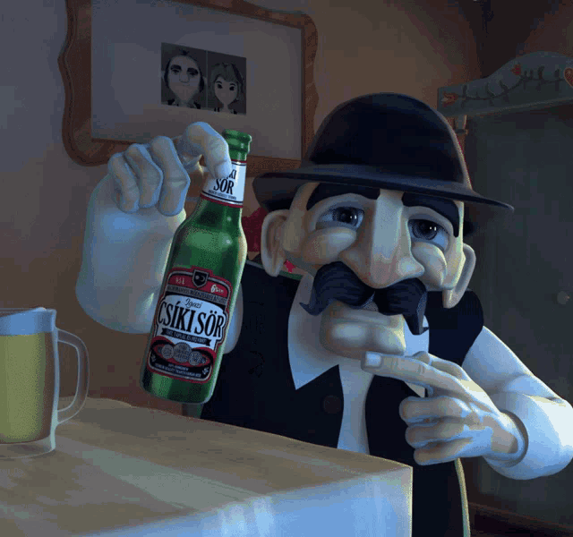 a man with a mustache is holding a bottle of csiki sor