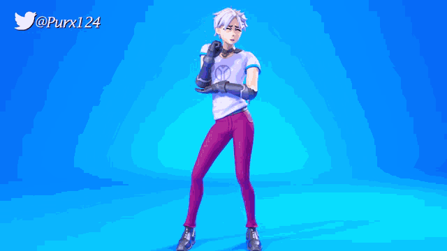 a cartoon character is standing in front of a blue background