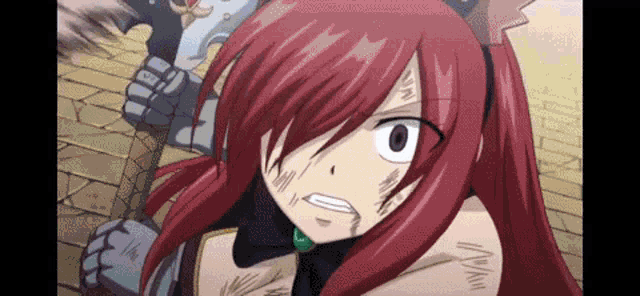 a girl with red hair is holding a sword in her hand
