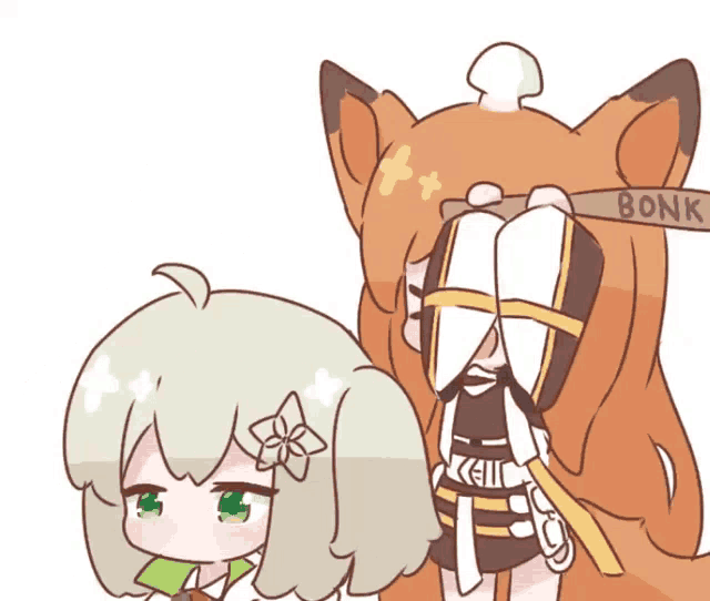 a cartoon drawing of a girl and a fox with the word bonk written on their head