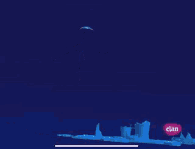 a cartoon character is flying through the air with a red clan sign in the background