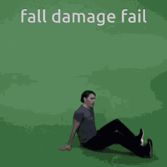 a man in a purple shirt stands in front of a green background with the words fall damage fail above him