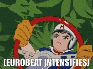 a cartoon of a man holding a steering wheel with the words eurobeat intensifies
